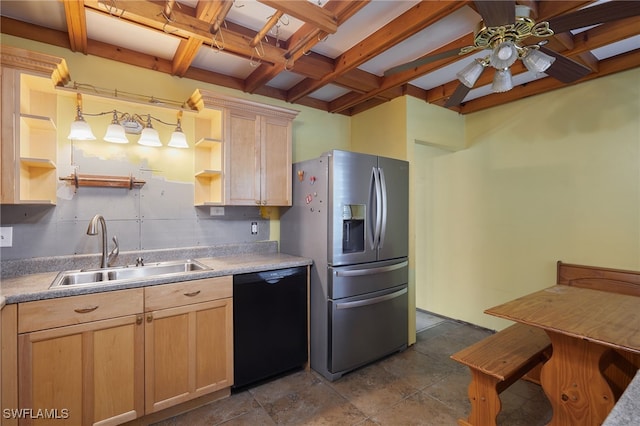 kitchen with pendant lighting, light brown cabinetry, black dishwasher, sink, and stainless steel fridge