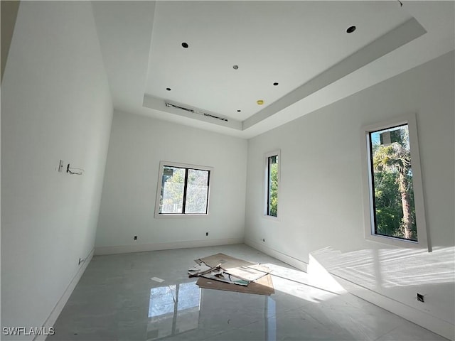 unfurnished room featuring a raised ceiling