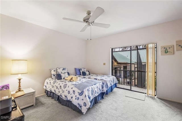 carpeted bedroom with access to exterior and ceiling fan