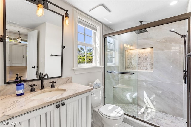 bathroom with toilet, a shower stall, and vanity