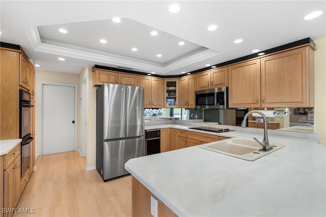 kitchen with sink, a tray ceiling, kitchen peninsula, and black appliances