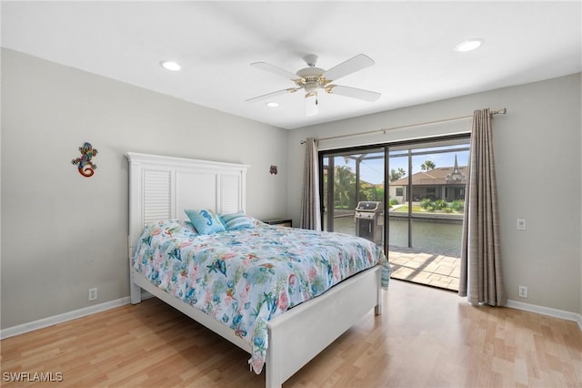 bedroom featuring ceiling fan, access to outside, and light hardwood / wood-style floors