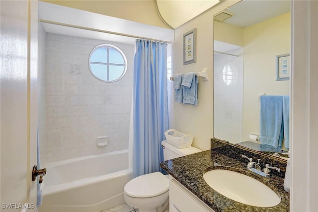 full bath featuring toilet, shower / bathtub combination with curtain, vanity, and visible vents
