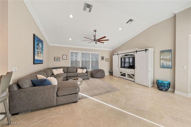 1813 Senegal Date Dr, Naples, FL 34119 - living room featuring ornamental molding, vaulted ceiling, ceiling fan, baseboards, and tile patterned flooring