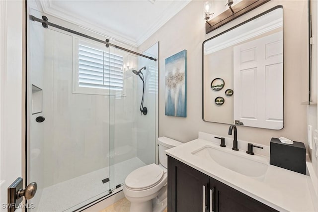 1813 Senegal Date Dr, Naples, FL 34119 - full bath featuring toilet, a shower stall, vanity, and crown molding