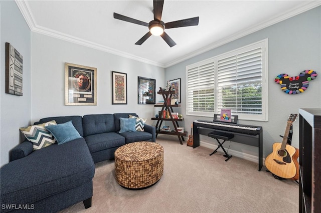 1813 Senegal Date Dr, Naples, FL 34119 - living area featuring carpet, ornamental molding, ceiling fan, and baseboards