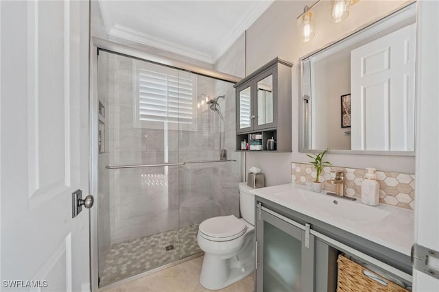 1813 Senegal Date Dr, Naples, FL 34119 - bathroom with crown molding, vanity, a shower stall, toilet, and backsplash