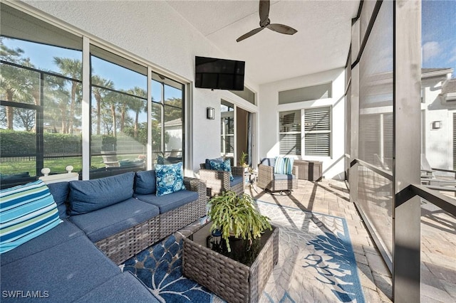1813 Senegal Date Dr, Naples, FL 34119 - sunroom / solarium featuring a ceiling fan, an outdoor living space, and vaulted ceiling