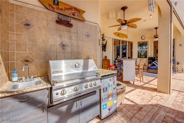 view of patio with a ceiling fan, a sink, grilling area, and area for grilling