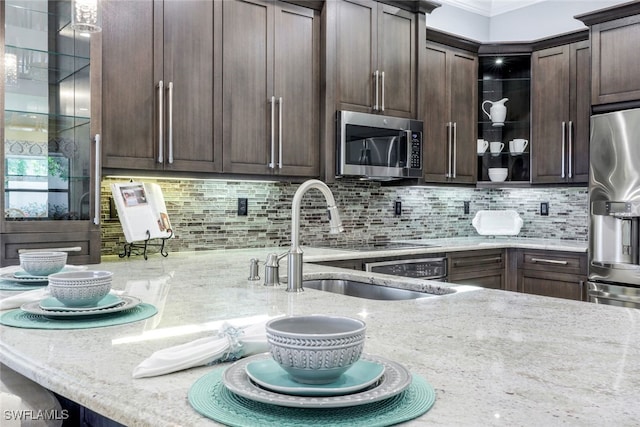 3366 Baltic Dr, Naples, FL 34119 - kitchen featuring appliances with stainless steel finishes, a sink, dark brown cabinets, and light stone countertops