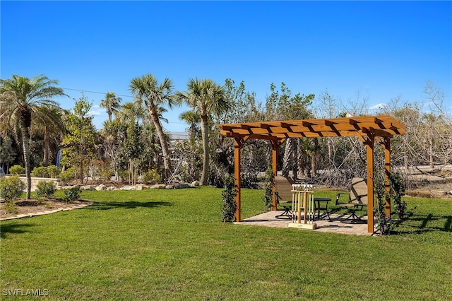 surrounding community with a yard and a pergola