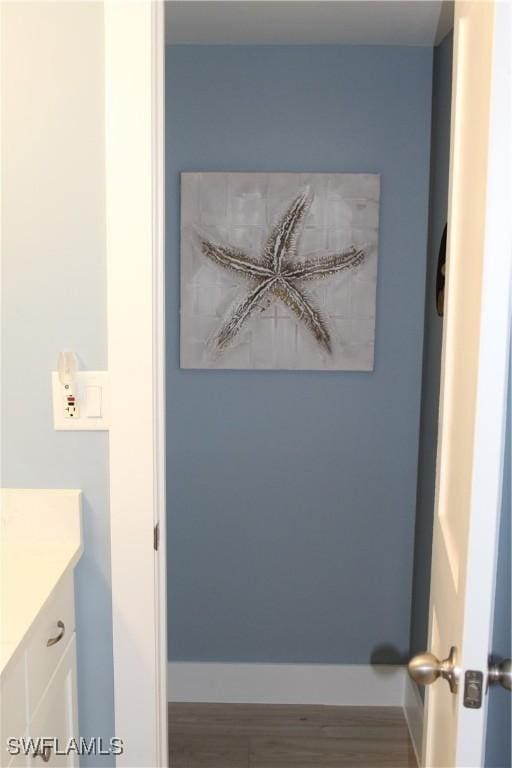 bathroom with baseboards, wood finished floors, and vanity