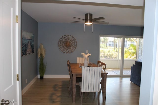 dining space featuring ceiling fan, baseboards, and wood finished floors