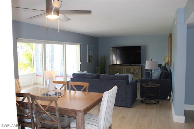 dining space with light wood finished floors, ceiling fan, and baseboards