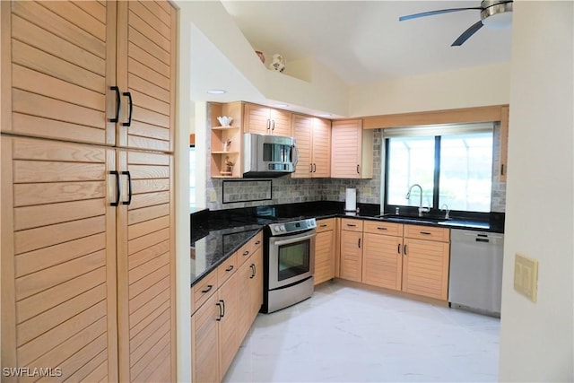 kitchen with a sink, marble finish floor, stainless steel appliances, open shelves, and backsplash