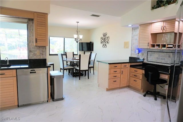 kitchen featuring a peninsula, marble finish floor, dishwasher, light brown cabinetry, and tasteful backsplash