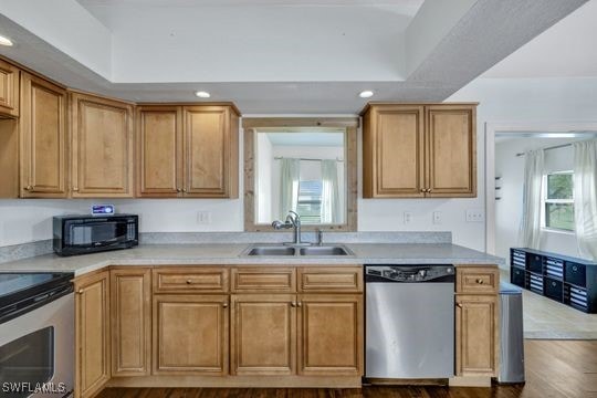 kitchen with stainless steel appliances, sink, and hardwood / wood-style floors