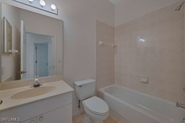 full bathroom featuring toilet, bathtub / shower combination, and vanity