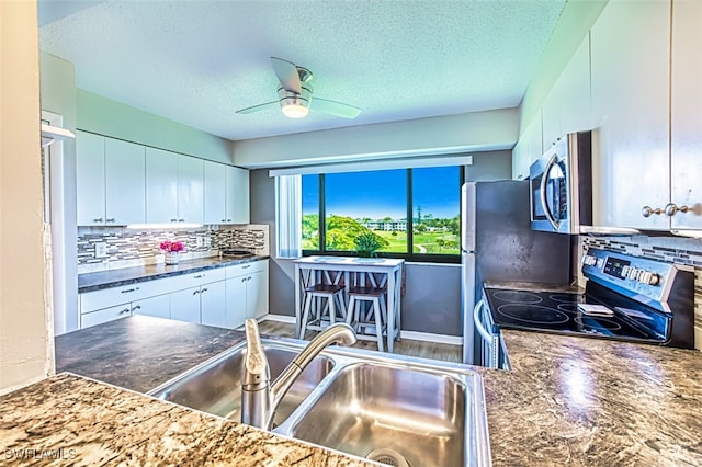 kitchen featuring a ceiling fan, a sink, tasteful backsplash, appliances with stainless steel finishes, and white cabinets