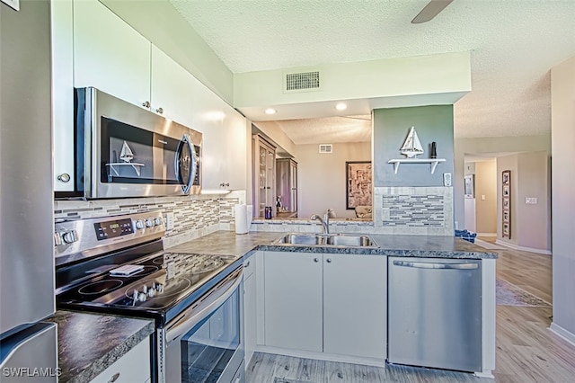 kitchen with a sink, visible vents, light wood finished floors, and stainless steel appliances