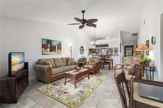 living room featuring light tile patterned flooring, ceiling fan with notable chandelier, and visible vents