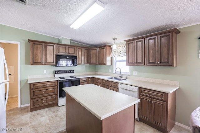 kitchen featuring sink, a center island, vaulted ceiling, hanging light fixtures, and white appliances