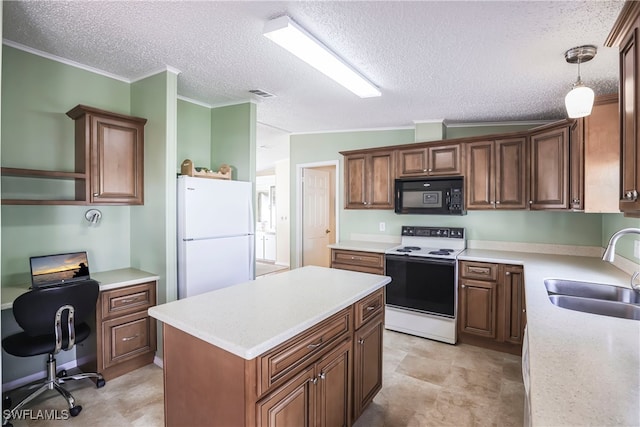 kitchen featuring sink, crown molding, white appliances, a center island, and decorative light fixtures