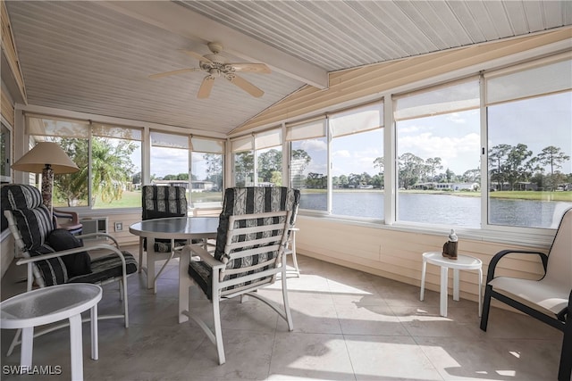 sunroom / solarium featuring a water view, vaulted ceiling with beams, wood ceiling, and ceiling fan