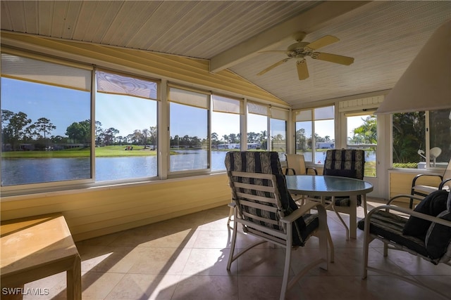 sunroom / solarium featuring lofted ceiling with beams, a water view, and ceiling fan