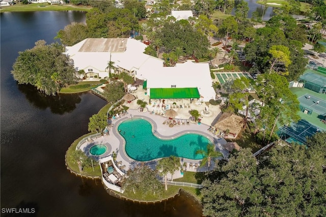 birds eye view of property featuring a water view