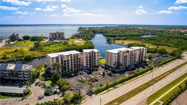 bird's eye view with a water view