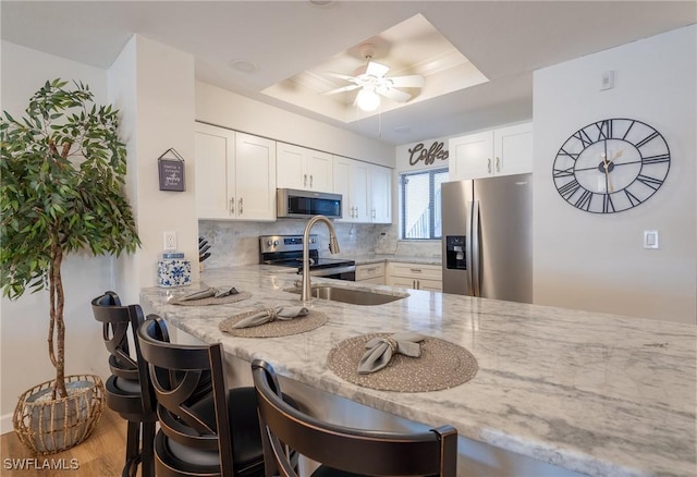 kitchen featuring light stone counters, white cabinetry, appliances with stainless steel finishes, decorative backsplash, and a tray ceiling