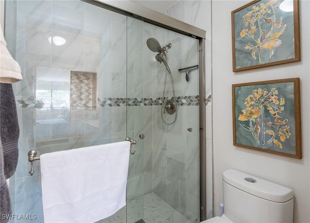 full bathroom with a stall shower and toilet