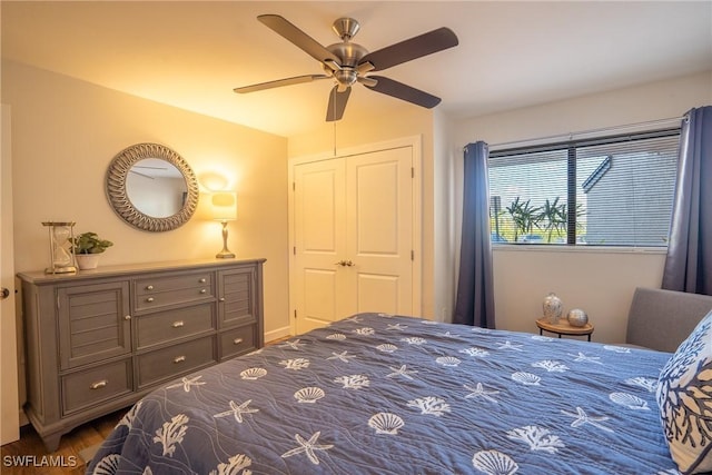 bedroom featuring a ceiling fan and a closet