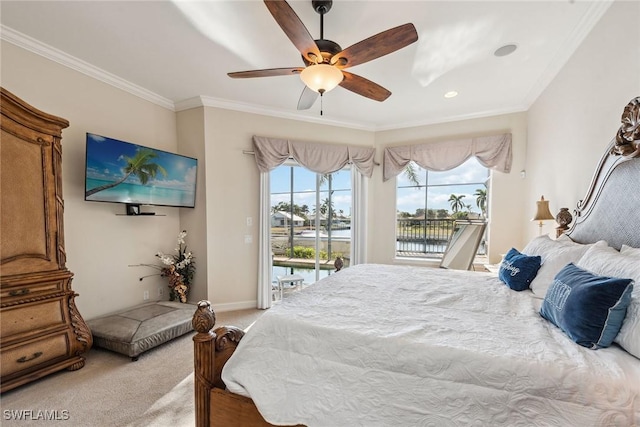 bedroom featuring ornamental molding, access to exterior, light colored carpet, and ceiling fan