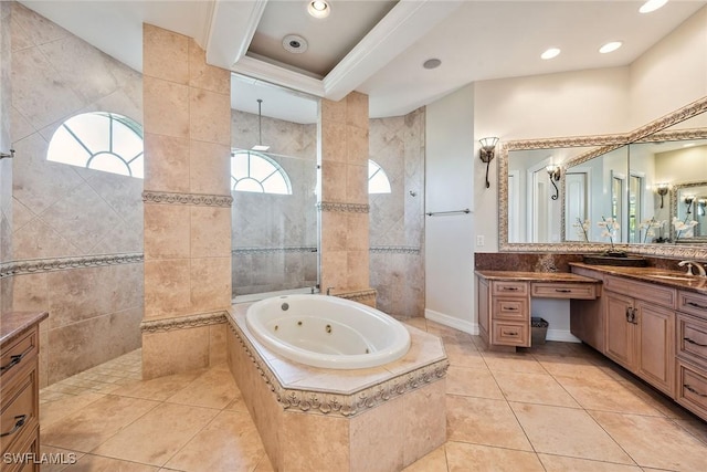 bathroom featuring separate shower and tub, vanity, and tile patterned flooring