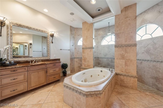 bathroom featuring separate shower and tub, vanity, tile patterned flooring, and a raised ceiling