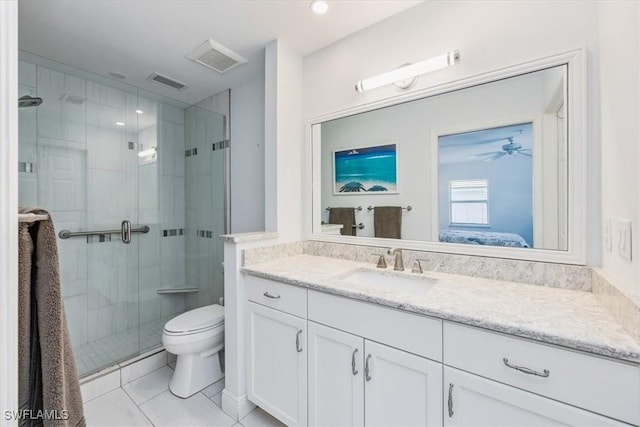 ensuite bathroom with visible vents, toilet, connected bathroom, a shower stall, and vanity