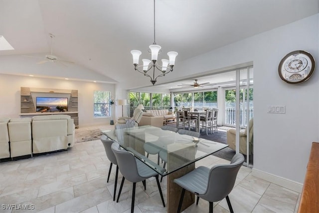 dining room featuring vaulted ceiling, baseboards, and an inviting chandelier