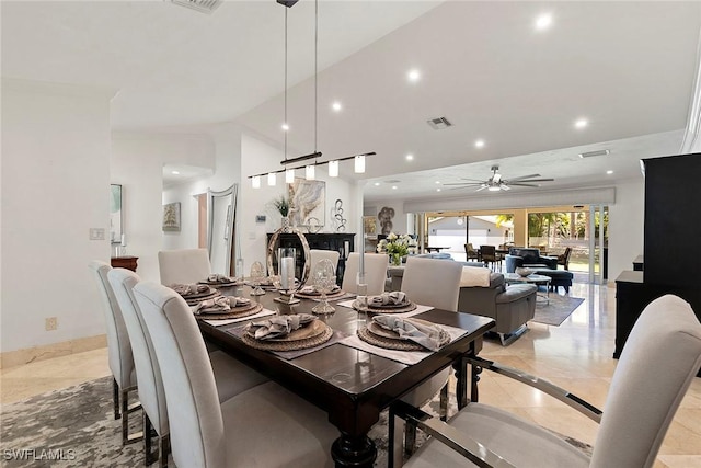 dining room featuring recessed lighting, visible vents, lofted ceiling, and ceiling fan