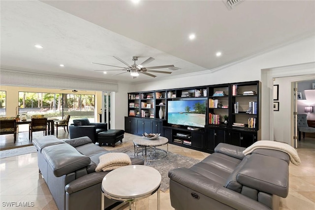 living area featuring visible vents, ornamental molding, recessed lighting, lofted ceiling, and ceiling fan