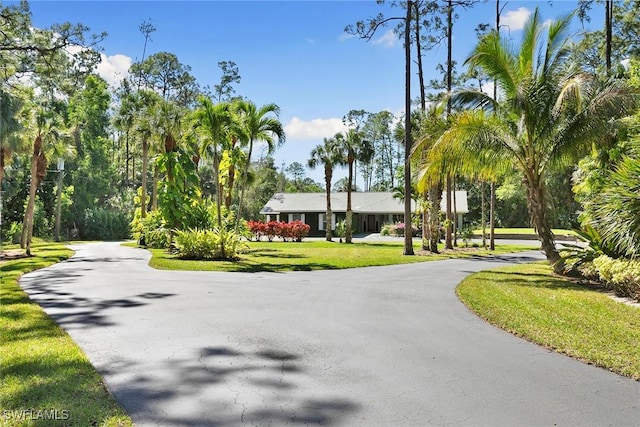 exterior space featuring aphalt driveway and a yard