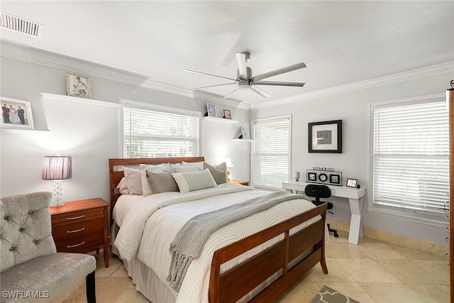 bedroom featuring visible vents, baseboards, ornamental molding, light tile patterned flooring, and a ceiling fan