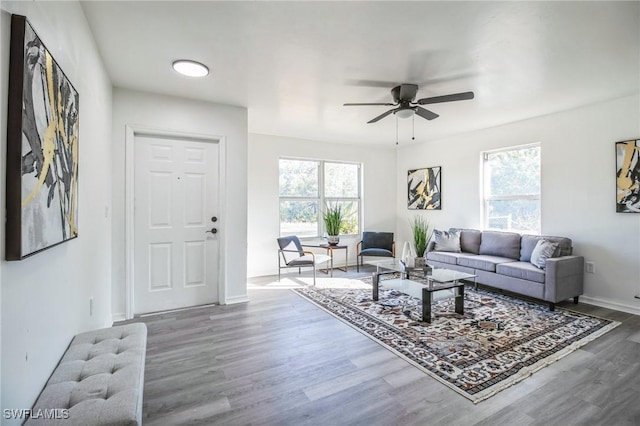 living room featuring ceiling fan, wood-type flooring, and a wealth of natural light