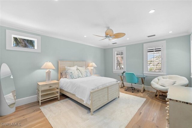 532 Pine Grove Ln, Naples, FL 34103 - bedroom with light wood finished floors, ornamental molding, recessed lighting, and a ceiling fan