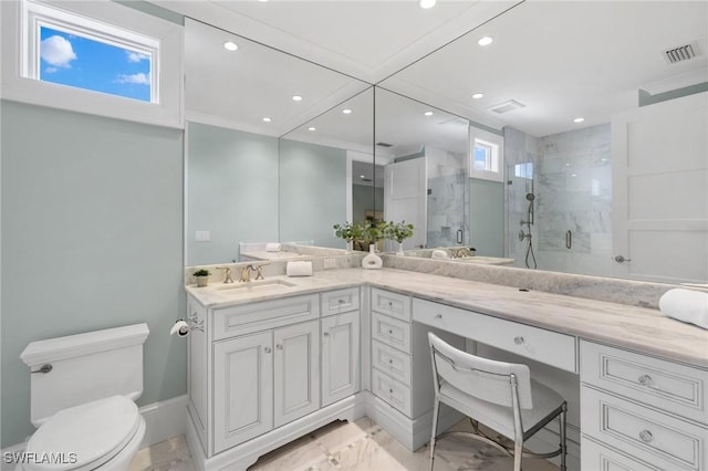 532 Pine Grove Ln, Naples, FL 34103 - full bathroom featuring double vanity, a marble finish shower, recessed lighting, and marble look tiles