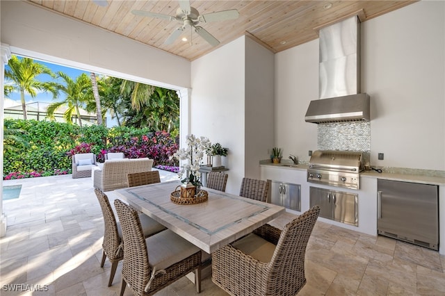 532 Pine Grove Ln, Naples, FL 34103 - dining space with wood ceiling, ceiling fan, recessed lighting, and stone tile flooring