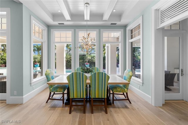 532 Pine Grove Ln, Naples, FL 34103 - sunroom with beamed ceiling, an inviting chandelier, a wealth of natural light, and visible vents