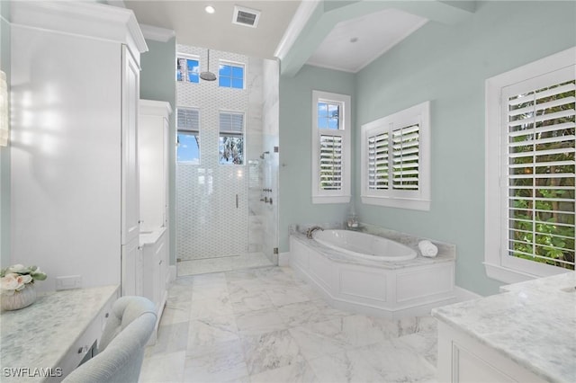 532 Pine Grove Ln, Naples, FL 34103 - full bath with visible vents, vanity, marble finish floor, a bath, and a stall shower