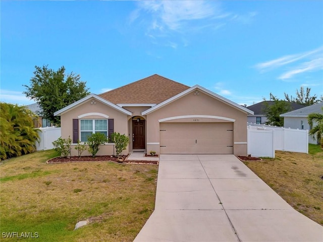 ranch-style home featuring stucco siding, a front lawn, fence, concrete driveway, and an attached garage